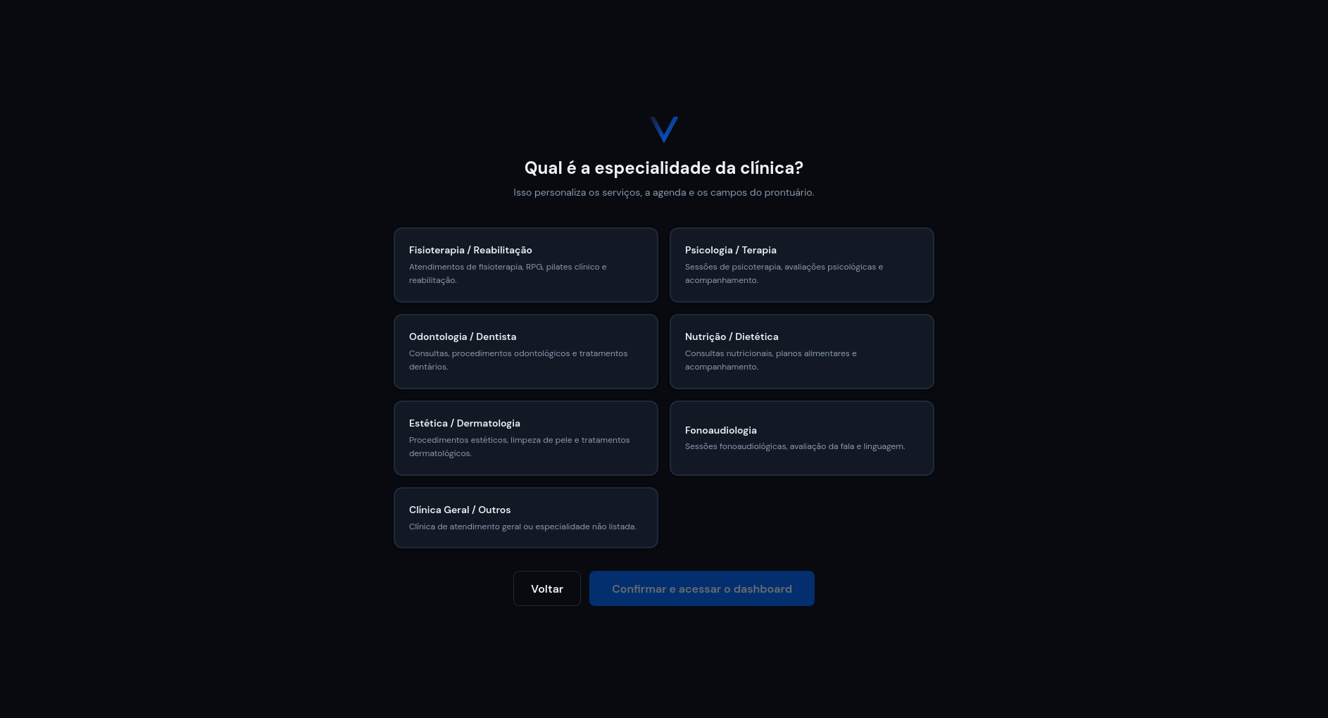 Tela de setup para configurar clínica