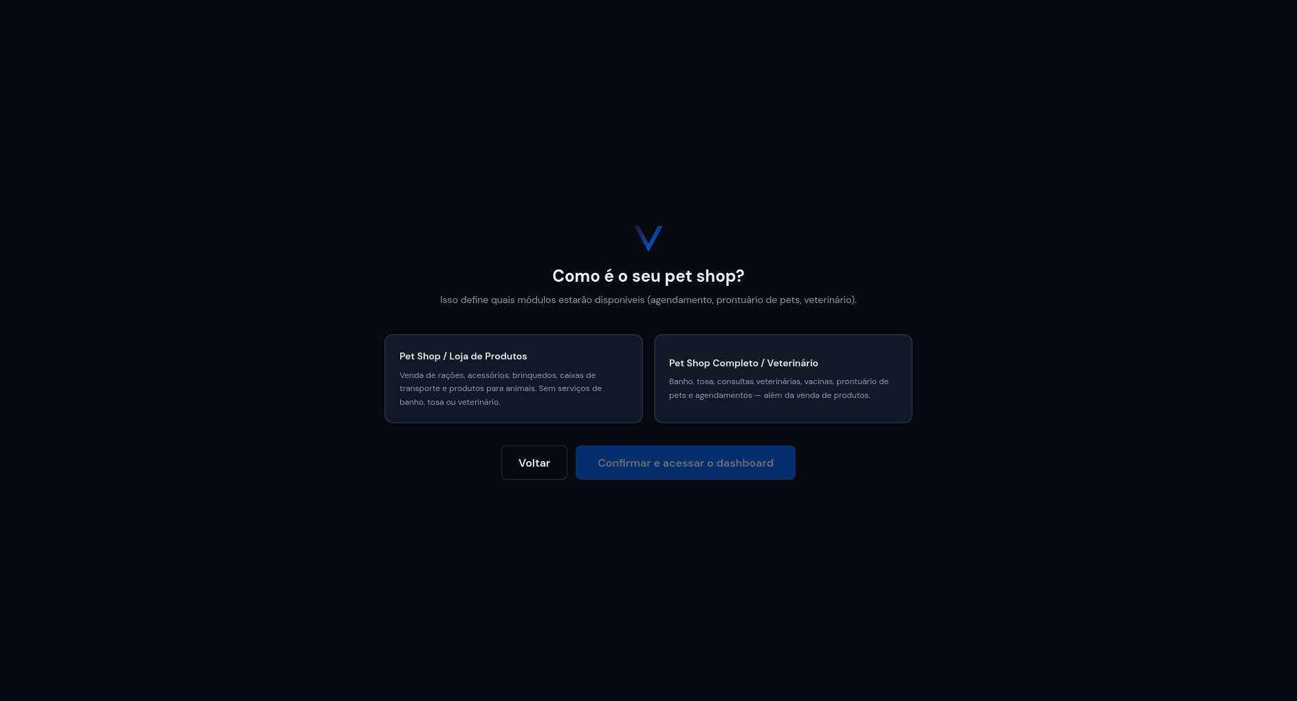 Tela de setup para configurar pet shop