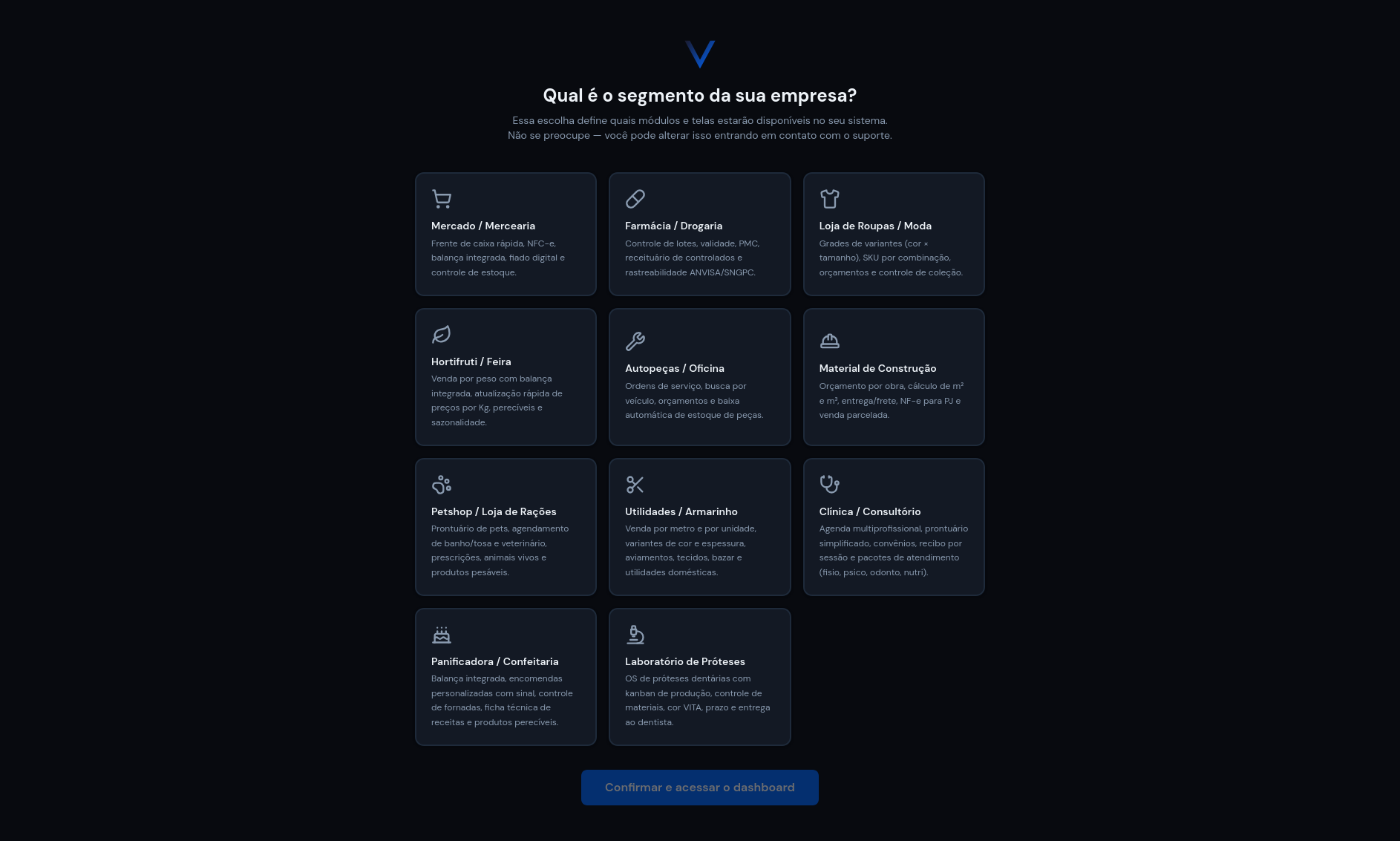 Tela de setup para configurar nicho